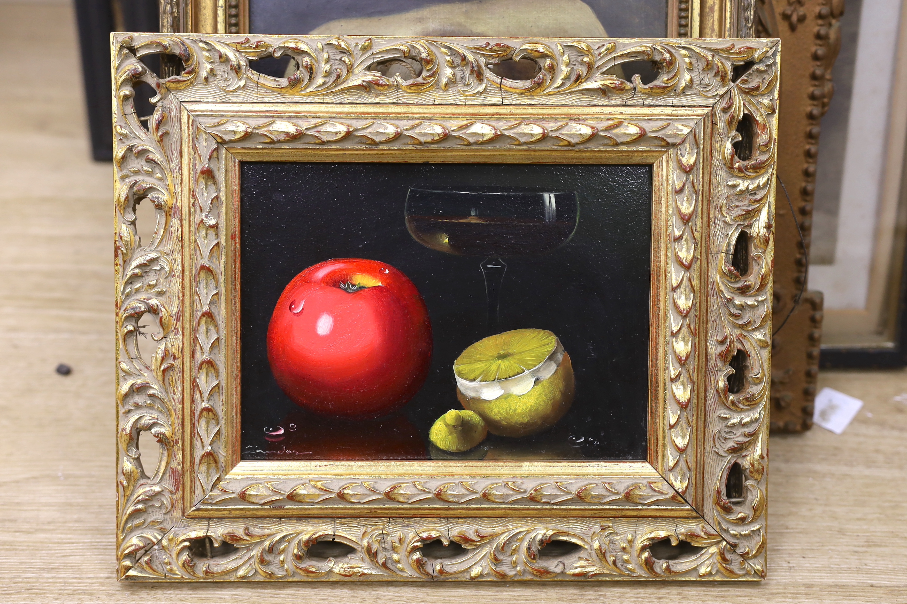 Dutch style, oil on board, Still life of fruit, indistinctly signed and inscribed verso, 14 x 18.5cm, ornate gilt frame